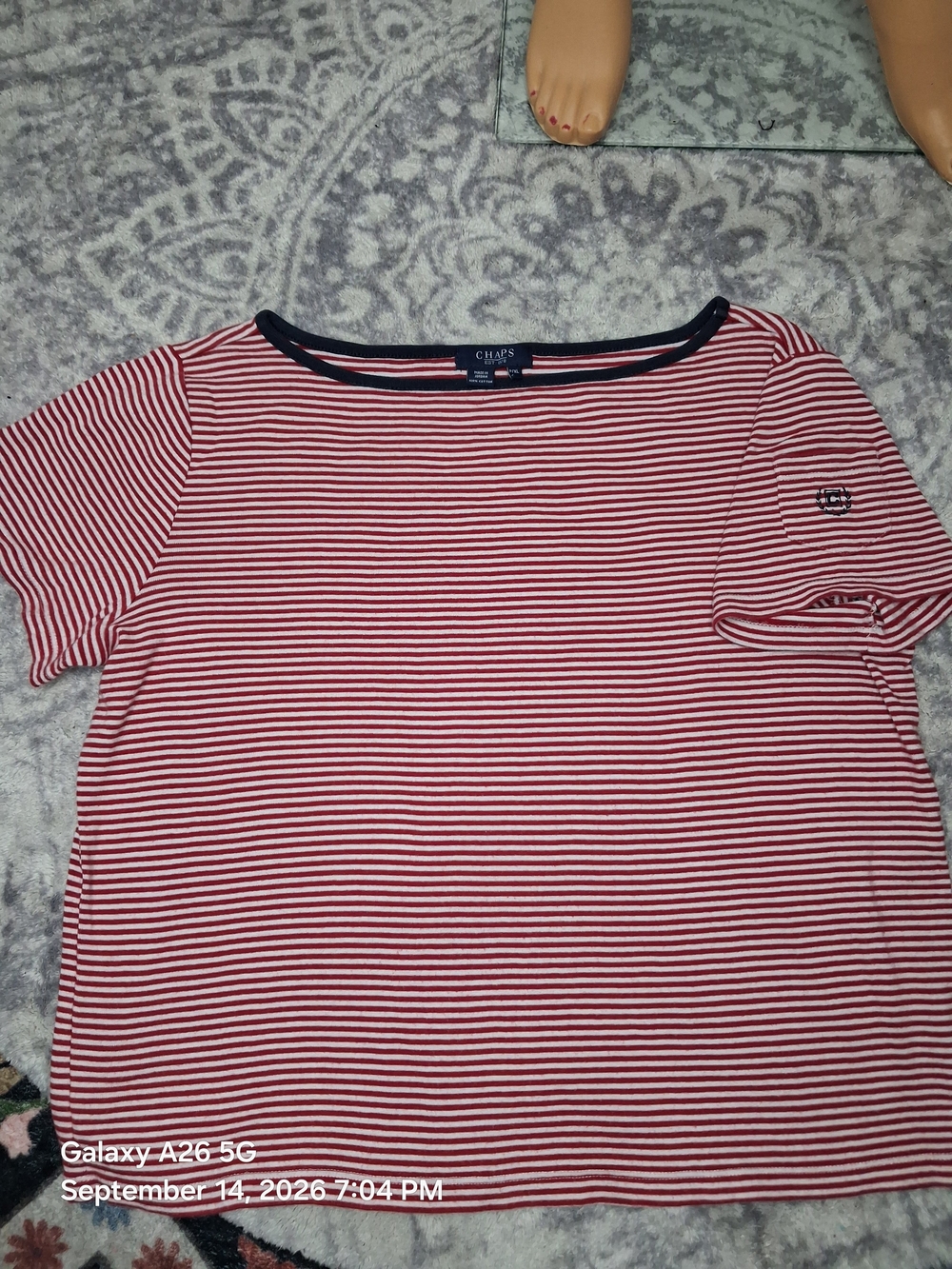 Chaps Red & White Striped Short Sleeve Tee with Navy Trim